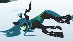 Size: 1920x1080 | Tagged: safe, screencap, character:queen chrysalis, species:changeling, episode:frenemies, g4, my little pony: friendship is magic, behaving like a dog, changeling queen, cute, cutealis, cuteling, dawwww, drained, female, hnnng, magic drain, prone, snow, solo