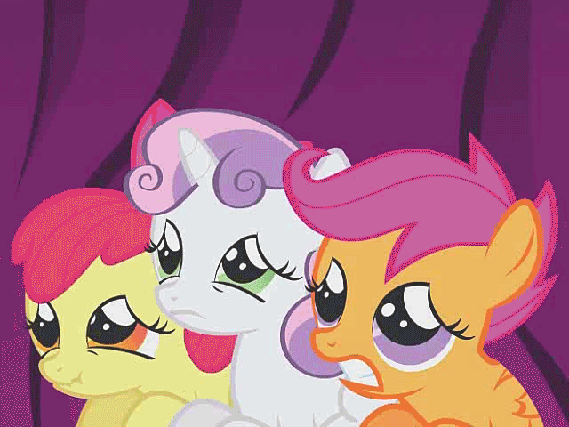 Size: 640x480 | Tagged: safe, screencap, character:apple bloom, character:scootaloo, character:sweetie belle, species:earth pony, species:pegasus, species:pony, species:unicorn, episode:friendship is magic, g4, my little pony: friendship is magic, animated, blinking, cropped, curtains, cutie mark crusaders, female, filly, gif, scared, scrunchy face, trio