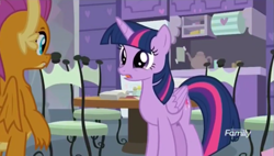 Size: 1039x589 | Tagged: safe, screencap, character:smolder, character:twilight sparkle, character:twilight sparkle (alicorn), species:alicorn, species:dragon, species:pony, episode:sweet and smoky, g4, my little pony: friendship is magic, cabinet, chair, claws, denied, disappointed, discovery family logo, dragoness, female, folded wings, frown, headmare twilight, horns, looking at each other, mare, responsibility, shelf, sympathy, table, talking, teacher and student, teacher's lounge, teapot, worried