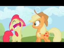 Size: 480x360 | Tagged: safe, screencap, character:apple bloom, character:applejack, species:pony, episode:sisterhooves social, g4, my little pony: friendship is magic, black bars, burp, duo, female, open mouth, shocked, uncouth