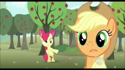 Size: 1280x720 | Tagged: safe, screencap, character:apple bloom, character:applejack, species:pony, episode:the super speedy cider squeezy 6000, g4, my little pony: friendship is magic, apple tree, derp, dizzy, duo, hub logo, sweet apple acres, tree