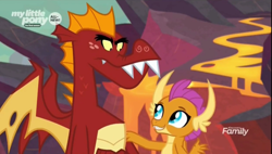 Size: 1330x756 | Tagged: safe, screencap, character:garble, character:smolder, species:dragon, episode:sweet and smoky, g4, my little pony: friendship is magic, brother and sister, claws, discovery family logo, dragon lands, dragoness, duo, fangs, female, folded wings, lava, little sister, looking at each other, male, persuasion, siblings, spread wings, wings