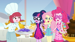 Size: 1920x1080 | Tagged: safe, screencap, character:fluttershy, character:pinkie pie, character:twilight sparkle, character:twilight sparkle (scitwi), species:eqg human, episode:i'm on a yacht, g4, my little pony:equestria girls, background human, beauty mark, buffet, chef, chef's hat, chocolate fountain, clothing, cupcake, cute, dessert, female, food, geode of fauna, geode of telekinesis, glasses, hat, heart glasses, heart shaped glasses, legs, lobster, magical geodes, open mouth, ponytail, puffed pastry, shyabetes, sleeveless, smiling, strawberry, varying degrees of want