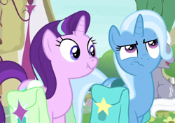 Size: 1136x798 | Tagged: safe, screencap, character:royal riff, character:starlight glimmer, character:trixie, species:pony, episode:student counsel, saddle bag, scrunchy face, trixie is not amused, unamused