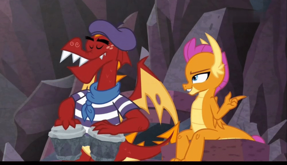Size: 1000x575 | Tagged: safe, screencap, character:garble, character:smolder, species:dragon, episode:sweet and smoky, g4, my little pony: friendship is magic, animated, beatnik, beret, bond, bongos, brother and sister, claws, clothing, dragoness, duo, emotional support, eyes closed, fangs, female, finger snap, hat, horns, male, poetry, siblings, smiling, teenaged dragon, teenager