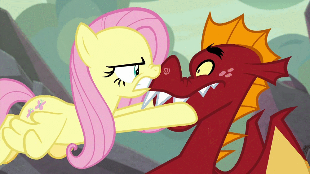 Size: 1000x562 | Tagged: safe, screencap, character:fluttershy, character:garble, species:pegasus, species:pony, episode:sweet and smoky, g4, my little pony: friendship is magic, animated, badass, boop, duo, face grab, female, flutterbadass, mare, nose to nose, nose wrinkle, noseboop