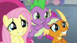 Size: 1920x1080 | Tagged: safe, screencap, character:fluttershy, character:smolder, character:spike, species:dragon, species:pegasus, species:pony, episode:sweet and smoky, g4, my little pony: friendship is magic, cute, dragoness, female, male, puppy dog eyes, shyabetes, smolderbetes, spikabetes, wide eyes