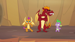 Size: 1920x1080 | Tagged: safe, screencap, character:garble, character:smolder, character:spike, species:dragon, episode:sweet and smoky, g4, my little pony: friendship is magic, about to jump, baby dragon, brother and sister, claws, dragoness, fangs, female, glare, horns, ignorant, looking at each other, male, nervous, open mouth, preparing, siblings, slit eyes, smugder, spread wings, teenaged dragon, teenager, trio, winged spike, wings