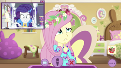 Size: 1334x750 | Tagged: safe, screencap, character:fluttershy, character:rarity, episode:festival looks, g4, my little pony:equestria girls, alarm clock, beanbag chair, bed, bed mane, bedroom, clock, floral head wreath, flower, fluttershy's bedroom, picture in picture, webcam