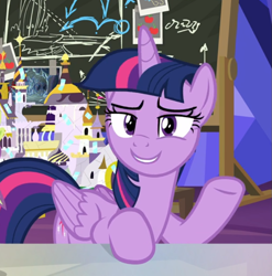 Size: 767x777 | Tagged: safe, screencap, character:twilight sparkle, character:twilight sparkle (alicorn), species:alicorn, species:pony, episode:sparkle's seven, g4, my little pony: friendship is magic, chalkboard, cropped, lidded eyes, smiling, smirk, solo