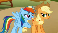 Size: 640x360 | Tagged: safe, screencap, character:applejack, character:rainbow dash, species:earth pony, species:pegasus, species:pony, episode:fall weather friends, g4, my little pony: friendship is magic, cropped, cute, duo, female