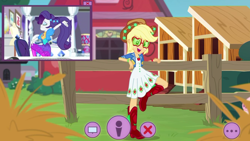 Size: 1336x752 | Tagged: safe, artist:rambamboooff, screencap, character:applejack, character:rarity, episode:festival looks, g4, my little pony:equestria girls, applejack's sunglasses, boots, bracelet, clothing, cowboy boots, cowboy hat, dress, farm, hat, jacket, jewelry, magical geodes, ponytail, rarity's bedroom, shoes, stetson, sunglasses, webcam