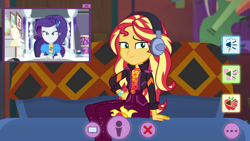 Size: 1336x752 | Tagged: safe, screencap, character:rarity, character:sunset shimmer, episode:festival looks, g4, my little pony:equestria girls, clothing, couch, cutie mark on clothes, geode of empathy, headphones, jacket, jeans, magical geodes, pants, picture in picture, rarity's bedroom, sunset's apartment, webcam