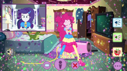 Size: 1336x752 | Tagged: safe, screencap, character:gummy, character:pinkie pie, character:rarity, episode:festival looks, g4, my little pony:equestria girls, armoire, bed, clothing, confetti, dress, party cannon, pinkie puffs, pinkie's bedroom, rarity's bedroom, shoes, sneakers, television, webcam, wristband