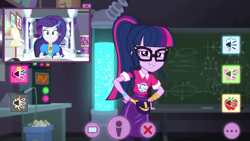 Size: 1336x752 | Tagged: safe, screencap, character:rarity, character:twilight sparkle, character:twilight sparkle (scitwi), species:eqg human, episode:festival looks, g4, my little pony:equestria girls, chalkboard, clothing, fanny pack, glasses, laboratory, picture in picture, ponytail, rarity's bedroom, shirt, skirt, twilight's lab, webcam, wristband