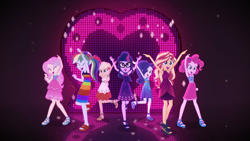 Size: 1920x1080 | Tagged: safe, screencap, character:applejack, character:fluttershy, character:pinkie pie, character:rainbow dash, character:rarity, character:sunset shimmer, character:twilight sparkle, character:twilight sparkle (scitwi), species:eqg human, episode:i'm on a yacht, g4, my little pony:equestria girls, armpits, arms in the air, clothing, cute, dashabetes, diapinkes, dress, female, group photo, happy, humane five, humane seven, humane six, jackabetes, legs, neon eg logo, raribetes, shimmerbetes, shyabetes, sleeveless, smiling, twiabetes