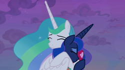 Size: 1920x1080 | Tagged: safe, screencap, character:princess celestia, character:princess luna, species:alicorn, species:pony, episode:between dark and dawn, g4, my little pony: friendship is magic, barehoof, best sisters, clothing, duo, ethereal mane, eyeliner, eyes closed, female, flowing mane, hawaiian shirt, hug, kiss and make up, makeup, mare, night, royal sisters, shirt, sisterly love, sisters, winghug