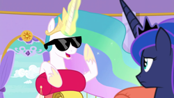 Size: 1920x1080 | Tagged: safe, screencap, character:princess celestia, character:princess luna, species:alicorn, species:pony, episode:between dark and dawn, g4, my little pony: friendship is magic, crown, female, glowing horn, horn, jewelry, mare, regalia, sunglasses, swag