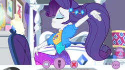Size: 1280x720 | Tagged: safe, screencap, character:rarity, episode:festival looks, g4, my little pony:equestria girls, dancing, eyes closed, grin, rarity's bedroom, smiling, solo