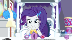 Size: 1280x720 | Tagged: safe, screencap, character:rarity, episode:festival looks, g4, my little pony:equestria girls, bed, clothing, cute, geode of shielding, jacket, keyboard, lamp, looking at you, magical geodes, mannequin, puffy cheeks, raribetes, rarity's bedroom, smiling, squishy cheeks, webcam