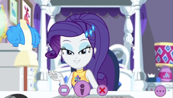 Size: 1280x720 | Tagged: safe, screencap, character:rarity, episode:festival looks, g4, my little pony:equestria girls, bed, clothing, geode of shielding, jacket, keyboard, lamp, looking at you, magical geodes, mannequin, rarity's bedroom, smiling, solo