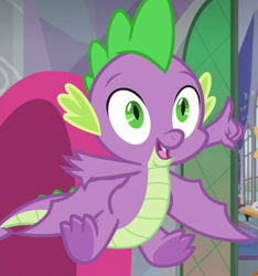 Size: 537x573 | Tagged: safe, screencap, character:spike, species:dragon, episode:sweet and smoky, g4, my little pony: friendship is magic, cropped, cute, flying, male, smiling, solo, spread wings, underfoot, winged spike, wings