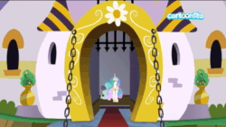 Size: 1280x720 | Tagged: safe, screencap, character:princess celestia, species:pony, episode:between dark and dawn, g4, my little pony: friendship is magic, animated, barricade, cartoonito logo, excuse me, no sound, webm