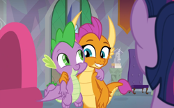 Size: 1280x792 | Tagged: safe, screencap, character:smolder, character:spike, species:alicorn, species:dragon, species:pony, episode:sweet and smoky, g4, my little pony: friendship is magic, buddies, claws, cute, dawwww, dragoness, duo focus, faceless female, fangs, female, folded wings, friends, looking at each other, male, mare, raised tail, school of friendship, slit eyes, smiling, smolderbetes, spikabetes, spread wings, tail, winged spike, wings