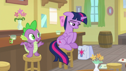 Size: 1920x1080 | Tagged: safe, screencap, character:spike, character:twilight sparkle, character:twilight sparkle (alicorn), species:alicorn, species:dragon, species:pony, episode:the point of no return, g4, my little pony: friendship is magic, barrel, juice, juice box, saddle bag, winged spike