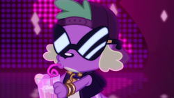 Size: 1280x720 | Tagged: safe, screencap, character:spike, character:spike (dog), species:dog, episode:i'm on a yacht, g4, my little pony:equestria girls, cap, clothing, drink, glasses, hat, juice, lemonade, neon eg logo, paws, rapper spike, swag