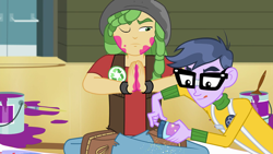 Size: 1280x720 | Tagged: safe, screencap, character:microchips, character:sandalwood, episode:a banner day, g4, my little pony:equestria girls, clothing, glasses, male, one eye closed, paint, shoes