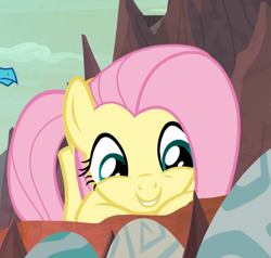 Size: 875x832 | Tagged: safe, screencap, character:fluttershy, character:princess ember, species:pegasus, species:pony, episode:sweet and smoky, g4, my little pony: friendship is magic, cropped, crouching, cute, dragon egg, female, mare, offscreen character, shyabetes, smiling