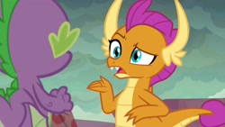 Size: 1920x1080 | Tagged: safe, screencap, character:smolder, character:spike, species:dragon, episode:sweet and smoky, g4, my little pony: friendship is magic, baby, baby dragon, claws, confused, dragon lands, dragoness, duo, fangs, female, folded wings, horns, male, open mouth, raised eyebrow, raised hand, slit eyes, teenaged dragon, teenager, winged spike, wings, worried