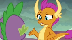 Size: 1920x1080 | Tagged: safe, screencap, character:smolder, character:spike, species:dragon, episode:sweet and smoky, g4, my little pony: friendship is magic, asking, baby dragon, claws, dragoness, duo, fangs, female, hand on hip, horns, looking at each other, male, raised arm, raised eyebrow, rear view, teenaged dragon, teenager, winged spike