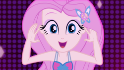 Size: 1920x1080 | Tagged: safe, screencap, character:fluttershy, episode:i'm on a yacht, g4, my little pony:equestria girls, beautiful, close-up, cute, female, geode of fauna, happy, looking at you, magical geodes, neon eg logo, open mouth, shyabetes, sleeveless, smiling, solo