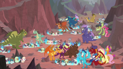Size: 2100x1180 | Tagged: safe, screencap, character:fluttershy, character:garble, character:princess ember, character:prominence, character:smolder, character:spike, species:dragon, species:pegasus, species:pony, episode:sweet and smoky, g4, my little pony: friendship is magic, amarant, baby, baby dragon, background dragon, ballista, barry, beret, billy (dragon), blue fire, clothing, clump, dragon lands, dragoness, eggshell, female, fire, fire breath, fume, hat, male, mare, nest, rex (dragon), scalio, snake (dragon), spear (dragon), striped shirt, teenaged dragon, thod, vex, viverno