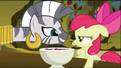 Size: 850x478 | Tagged: safe, screencap, character:apple bloom, character:zecora, species:zebra, episode:the cutie pox, g4, my little pony: friendship is magic, duo, hub logo, long neck, smiling