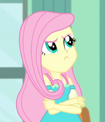 Size: 482x555 | Tagged: safe, screencap, character:fluttershy, episode:a little birdie told me, g4, my little pony:equestria girls, :c, angry, clothing, cropped, crossed arms, cute, dress, female, frown, hmph, madorable, shyabetes, solo