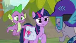 Size: 1920x1080 | Tagged: safe, screencap, character:dusty pages, character:spike, character:twilight sparkle, character:twilight sparkle (alicorn), species:alicorn, species:dragon, species:earth pony, species:pony, episode:the point of no return, g4, my little pony: friendship is magic, elderly, female, goggles, helmet, lidded eyes, male, mare, pointing, raised eyebrow, raised hoof, saddle bag, trio, winged spike