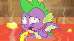 Size: 1920x1080 | Tagged: safe, screencap, character:spike, species:dragon, episode:sweet and smoky, g4, my little pony: friendship is magic, bloodshot eyes, crying, lava, male, out of context, pain, solo, spikeabuse, winged spike, you know for kids
