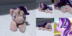 Size: 3176x1588 | Tagged: safe, artist:plushbyanto, screencap, character:starlight glimmer, species:pony, species:unicorn, episode:all bottled up, g4, my little pony: friendship is magic, beanie (plushie), chibi, female, front view, horn, irl, lying down, mare, minky, no mouth, no nostrils, no pupils, photo, plushie, profile, prone, reformed starlight, smiling, sploot, toy
