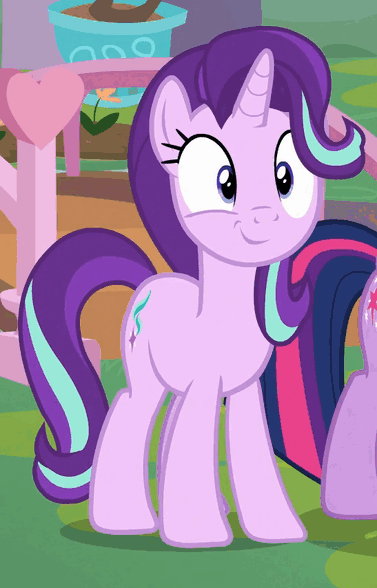 Size: 377x588 | Tagged: safe, screencap, character:starlight glimmer, character:twilight sparkle, character:twilight sparkle (alicorn), species:alicorn, species:pony, species:unicorn, episode:school daze, g4, my little pony: friendship is magic, :t, animated, cropped, cute, eye contact, faec, female, gif, glimmerbetes, happy, looking at each other, looking sideways, mare, smiling, solo focus, squee, underhoof, wide eyes