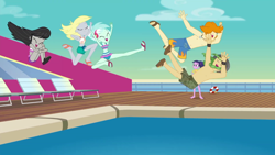 Size: 1280x720 | Tagged: safe, screencap, character:derpy hooves, character:lyra heartstrings, character:octavia melody, character:sandalwood, episode:i'm on a yacht, g4, my little pony:equestria girls, baewatch, belly button, bikini, clothing, feet, female, flip-flops, legs, male, male feet, midriff, sandals, shorts, swimming pool, swimming trunks, swimsuit, valhallen