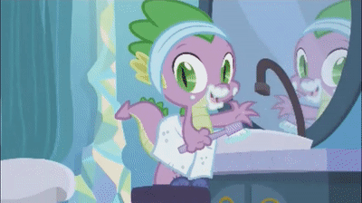 Size: 400x224 | Tagged: safe, screencap, character:spike, species:dragon, episode:the crystalling, g4, my little pony: friendship is magic, animated, bathroom, brushing teeth, male, mirror, nudity, smiling, talking, toothbrush, toothpaste, towel, twilight's castle, waving, we don't normally wear clothes, you know for kids
