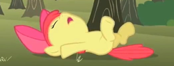 Size: 522x198 | Tagged: safe, screencap, character:apple bloom, species:earth pony, species:pony, episode:the super speedy cider squeezy 6000, g4, my little pony: friendship is magic, cropped, eyes closed, fainted, female, filly, foal, on back, solo