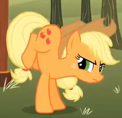 Size: 344x332 | Tagged: safe, screencap, character:applejack, species:earth pony, species:pony, episode:the super speedy cider squeezy 6000, g4, my little pony: friendship is magic, angry, cropped, female, legs in air, mare, solo