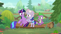 Size: 1920x1080 | Tagged: safe, screencap, character:dusty pages, character:spike, character:twilight sparkle, character:twilight sparkle (alicorn), species:alicorn, species:dragon, species:earth pony, species:pony, episode:the point of no return, g4, my little pony: friendship is magic, bandana, female, helmet, log, male, mare, sitting, trio, winged spike