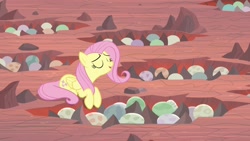 Size: 1920x1080 | Tagged: safe, screencap, character:fluttershy, species:pony, episode:sweet and smoky, g4, my little pony: friendship is magic, dragon egg, egg, eyes closed, prone, solo