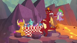 Size: 1920x1080 | Tagged: safe, screencap, character:garble, character:smolder, character:spike, species:dragon, episode:sweet and smoky, g4, my little pony: friendship is magic, cupcake, dragoness, eyes closed, female, flying, food, lava, male, tablecloth, trio, winged spike