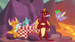 Size: 1920x1080 | Tagged: safe, screencap, character:garble, character:smolder, character:spike, species:dragon, episode:sweet and smoky, g4, my little pony: friendship is magic, dragoness, eyes closed, female, flying, lava, male, tablecloth, trio, winged spike